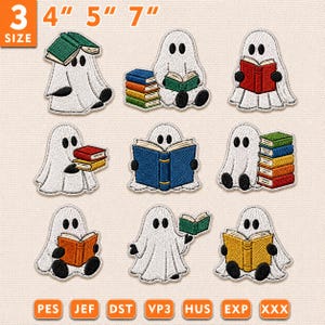May include: Nine embroidered patches featuring white ghosts interacting with colorful books. The ghosts are shown reading, holding, or sitting next to stacks of books in red, blue, green, yellow, and orange. Text at the top indicates 3, 4, 5, 7 inches.