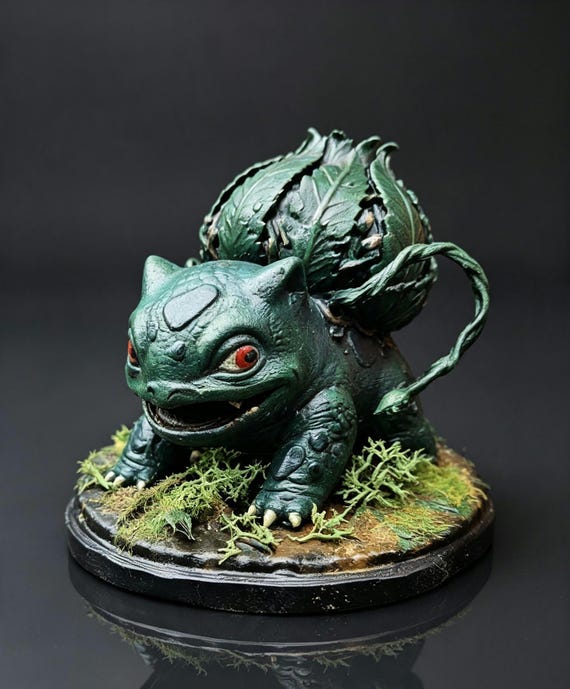 Realistic Bulbasaur Sculpture. Hand-Painted Resin Sculpture . Unique Geeky Room & Office Decor