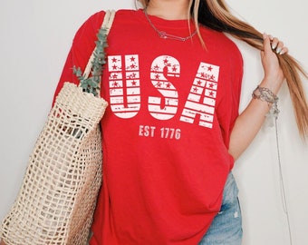 USA Comfort Colors Tee Retro Style Fourth Of July Tshirt Patriotic T-Shirt Memorial Day Party 100% Cotton Made In USA Flag 4th Of July Shirt