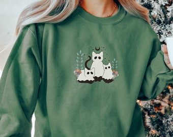 Halloween-Sweatshirt-Katzen-Sweatshirt-Geister-Shirt Schwarzes Katzen-Hemd 2023 Spooky Seas Cooles Halloween-Katzen-Hemd Katzen-Liebhaber-T-Shirt Halloween-Pullover