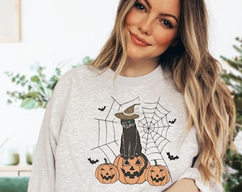 Halloween-Sweatshirt-Katzen-Sweatshirt-Geister-Shirt Schwarzes Katzen-Hemd 2023 Spooky Seas Cooles Halloween-Katzen-Hemd Katzen-Liebhaber-T-Shirt Halloween-Pullover