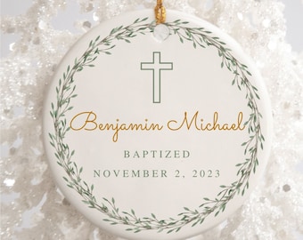 Personalized Cross Porcelain Ornament Baptism Gift for Boy Godson Gift Custom Baptized Keepsake For Parents Religious Gift of Faith Present