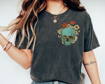 Camiseta de calavera floral Flor Goblincore Estética Boho Camiseta gráfica Esqueleto Gráfico Camiseta de flores silvestres Camiseta de gran tamaño Botánico Halloween