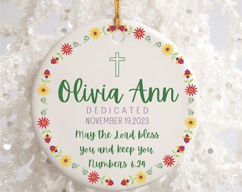 Personalized Cross Baby Dedication Day Verse Porcelain Ornament Dedicate Gift for Boy Girl Custom Child Christening Keepsake Religious Faith