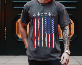 EE. UU. Bandera Hombres Camisa Rojo Blanco Azul Air Force Flyover Patriotic America Tee Cuarto 4 de julio Camiseta American Veteran T-shirt F15 Fighter Jet
