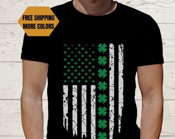 St Patrick Day Shirt USA Flag Shamrock Clover Tshirt Saint Patricks Day Party Shirt Irish American Tee Ireland Shirt Gift For Him Irish Gift
