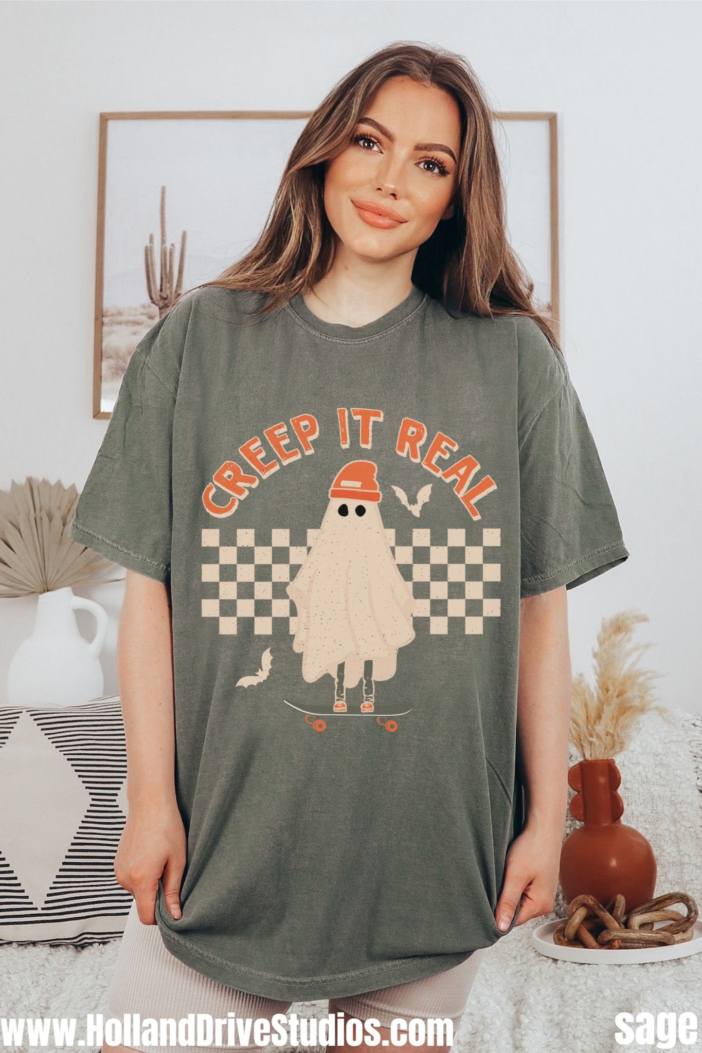 Discover Retro Halloween  Fall Shirt Creep it Real TShirt Vintage Ghost Halloween T-Shirt Witch Oversized Crewneck Fall Shirt For Women