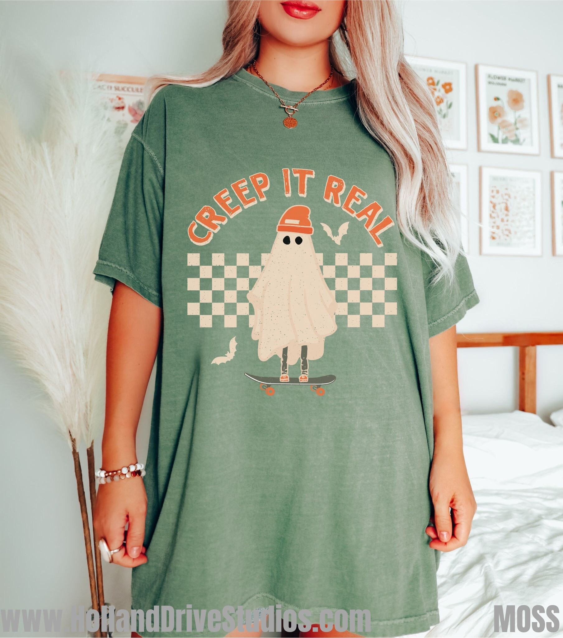 Discover Retro Halloween  Fall Shirt Creep it Real TShirt Vintage Ghost Halloween T-Shirt Witch Oversized Crewneck Fall Shirt For Women