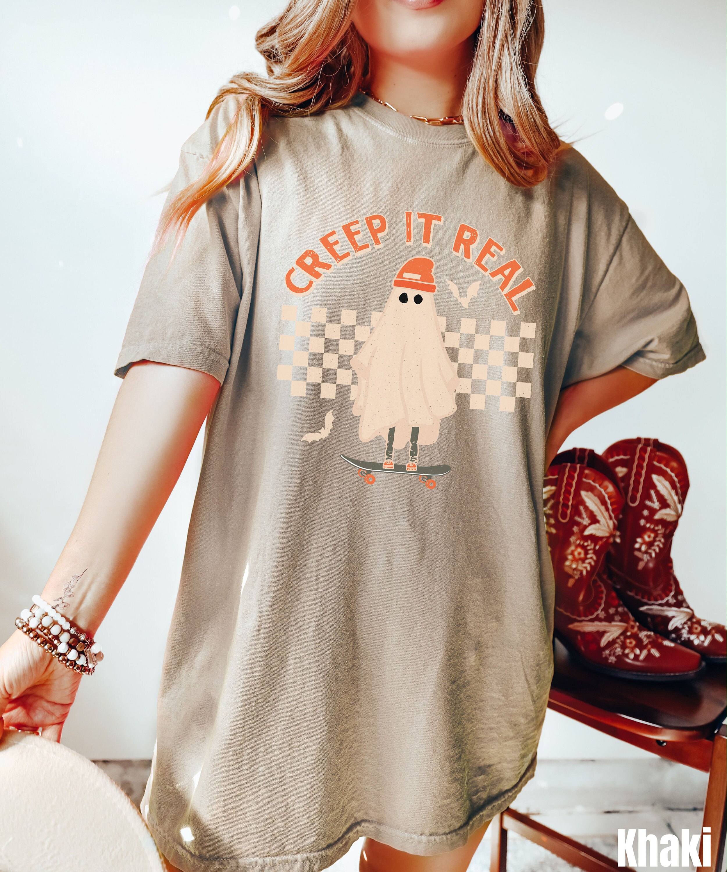 Discover Retro Halloween  Fall Shirt Creep it Real TShirt Vintage Ghost Halloween T-Shirt Witch Oversized Crewneck Fall Shirt For Women