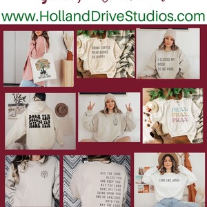 Puede incluir: Una colecci&oacute;n de nueve sudaderas y bolsas de mano diferentes con varios dise&ntilde;os y textos. Los dise&ntilde;os incluyen una cruz, una taza de caf&eacute;, un libro, un gr&aacute;fico de oraci&oacute;n y una cita sobre el amor. El texto incluye frases como "Drink Coffee Read Books Be Happy", "I Closed My Book To Be Here", "Pray", "Love Like Jesus" y "May The Lord Bless You And Keep You".