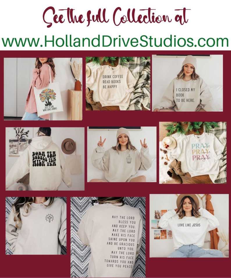 Puede incluir: Una colecci&oacute;n de nueve sudaderas y bolsas de mano diferentes con varios dise&ntilde;os y textos. Los dise&ntilde;os incluyen una cruz, una taza de caf&eacute;, un libro, un gr&aacute;fico de oraci&oacute;n y una cita sobre el amor. El texto incluye frases como "Drink Coffee Read Books Be Happy", "I Closed My Book To Be Here", "Pray", "Love Like Jesus" y "May The Lord Bless You And Keep You".