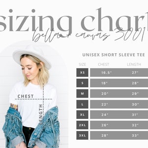 Op de afbeelding: Maattabel voor een unisex T-shirt met korte mouwen, met afmetingen in inches. De tabel bevat maten XS tot 3XL, borstmetingen van 41,9 cm tot 71,1 cm en lengtes van 68,6 cm tot 83,8 cm. De tekst "sizing chart" staat bovenaan.