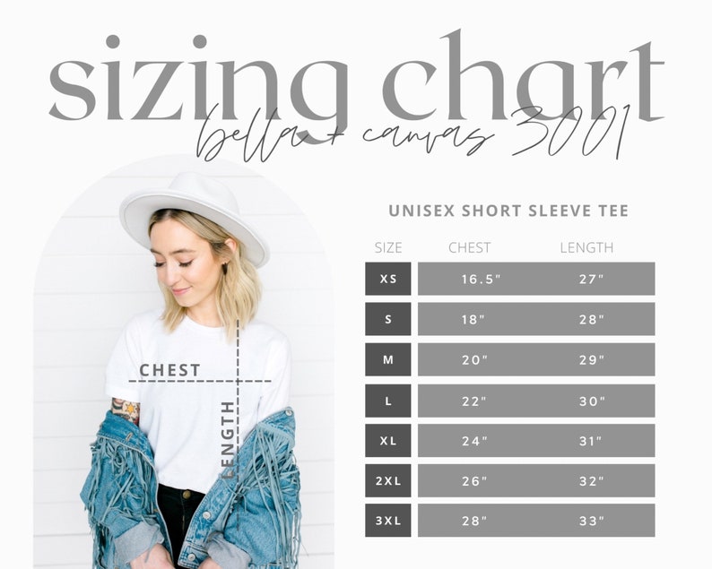 Op de afbeelding: Maattabel voor een unisex T-shirt met korte mouwen, met afmetingen in inches. De tabel bevat maten XS tot 3XL, borstmetingen van 41,9 cm tot 71,1 cm en lengtes van 68,6 cm tot 83,8 cm. De tekst "sizing chart" staat bovenaan.