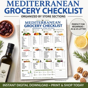 May include: A Mediterranean grocery checklist printed on paper, featuring twelve categorized sections for produce, fruits, bakery, dairy, meat, seafood, canned goods, grains, nuts, oils, herbs, and frozen foods, with checkboxes for shopping.