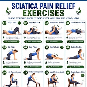Könnte beinhalten: Ein digitales Plakat mit dem Titel Sciatica Pain Relief Exercises, das 12 nummerierte Illustrationen von Personen bei Dehnübungen zeigt. Jedes Feld enthält den Namen der Übung, Anleitungen sowie Angaben zu Wiederholungen oder Dauer für die Mobilität.