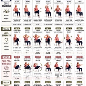 Peut inclure: Un tableau de défi de renforcement abdominal sur chaise de 28 jours pour femmes présentant une grille d'illustrations d'exercices quotidiens. Chaque case montre une personne en haut rose et pantalon sombre effectuant des mouvements assis sur une chaise.