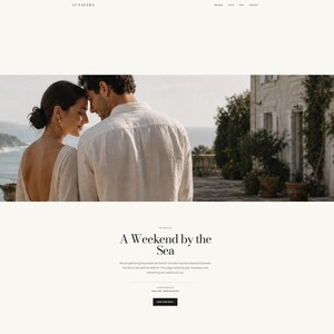 May include: A website landing page titled Mira & Leon featuring a banner image of two people standing together outdoors near a coastal landscape and a stone building. Below the image, the text reads A Weekend by the Sea with a button labeled See Details.