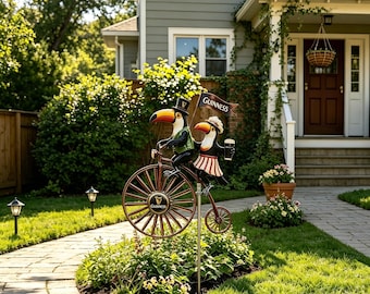 Guinness Toucan Metal Wind Spinner, Vintage Bicycle Kinetic Garden Stake, Funny Outdoor Yard Art Decor Gift for Garden Lovers