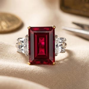 Anillo de compromiso con rubí, esmeralda y circonita cúbica de talla trapezoidal, anillo de boda de oro de 14 quilates con tres piedras, regalo de aniversario para esposa, anillo de piedras preciosas