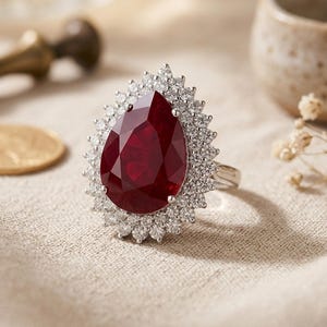 Ruby Gemstone Ring, Double Halo Teardrop Ring, Pink Pear & Round CZ Stone Engagement Ring, Women's Wedding Ring, Anniversary Gift For Wife