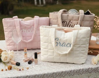 Personalized Nylon Tote Bag, Custom Name Shoulder Tote, Bridesmaid Gift Bag, Beach Travel Tote, Bachelorette Party Favor