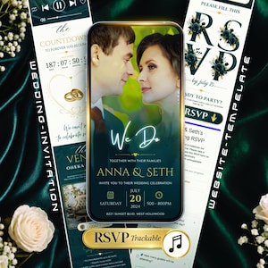 May include: A digital wedding invitation template displayed on a smartphone screen featuring a photo of a couple, the text We Do, Anna & Seth, July 20 2024, and 8221 Sunset Blvd, West Hollywood. The design includes gold accents, a countdown timer, and RSVP.