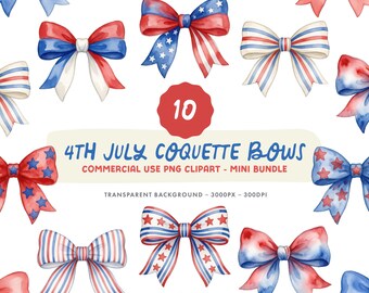 4th July Coquette Bows Clipart Set - Watercolour USA themed stars and stripes hair bow Illustrations - Commercial Use