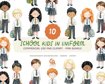 School Kids in Uniform Clipart Set - Watercolour Back to School Illustrations - Commercial Use