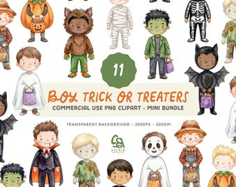 Boy Trick or Treaters Clipart Set - Watercolour Halloween Costumes Illustrations - Commercial Use