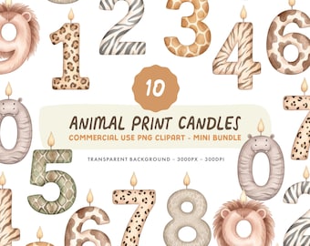 Animal Print Candles Clipart Set - Watercolour Birthday Number Candle Illustrations - Commercial Use
