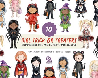 Girl Trick or Treaters Clipart Set - Watercolour Halloween Costumes Illustrations - Commercial Use