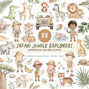 Könnte beinhalten: Aquarellillustration von Safari-Tieren und Entdeckern. Das Bild enthält einen Jeep, einen Affen, ein Zebra, einen Löwen, eine Giraffe, ein Krokodil, ein Nashorn, einen Geparden, einen Elefanten und einen Tiger. Der Text "Safari Jungle Explorers" ist ebenfalls enthalten.