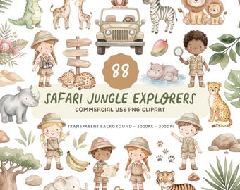 Safari Jungle Explorers Clipart Set - Watercolour Safari Animals Illustrations - Commercial Use