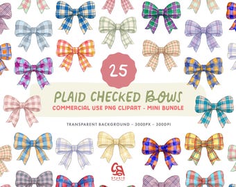 Plaid Coquette Bows Clipart Set - Watercolour checked bows Illustrations - Commercial Use