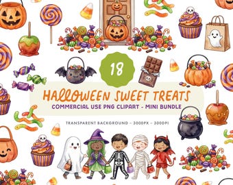 Halloween Sweet Treats Clipart Set - Watercolour Halloween Candy Illustrations - Commercial Use