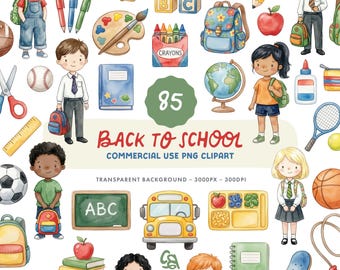 Back to School Clipart Set - Watercolour School Kids Illustrations - Commercial Use