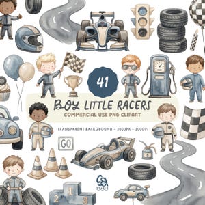 Può includere: Una collezione di clipart digitali con illustrazioni ad acquerello di auto da corsa, piloti in tuta, bandiere a scacchi, pneumatici, semafori, pompe di benzina, trofei, coni stradali e piste con il testo 41 BOY LITTLE RACERS.