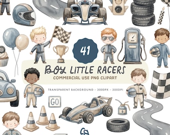 Boy Little Racers Clipart Set - Watercolour Race Car Drivers Illustrations - Commercial Use