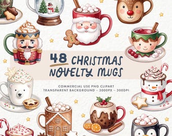 Puede incluir: Una colección de 48 tazas navideñas con diversos diseños festivos, incluyendo a Santa Claus, un reno, un cascanueces, un muñeco de nieve, un pingüino y un oso polar, todas llenas de bebidas calientes, malvaviscos y bastones de caramelo.