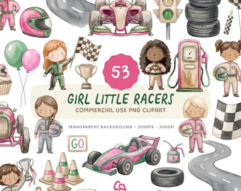 Girl Little Racers Clipart Set - Watercolour Race Car Drivers Illustrations - Commercial Use