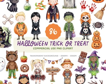 Halloween Trick or Treat Clipart Set - Watercolour Spooky Season Illustrations - Commercial Use
