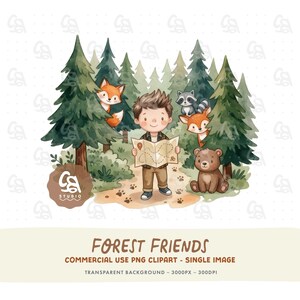 May include: A digital illustration featuring a child standing on a dirt path in a forest, holding an open map. The child is surrounded by evergreen trees, a fox, a raccoon, and a brown bear. The scene includes paw prints on the ground.