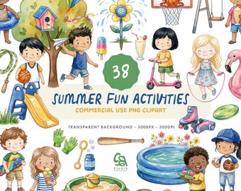 Summer Fun Activities Clipart Set - Watercolour Garden Outdoor Play Illustrations - Commercial Use