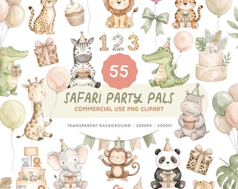 Safari Party Pals Clipart Set - Watercolour Birthday Party Animal Illustrations - Commercial Use