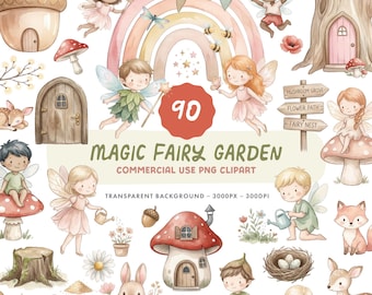 Magic Fairy Garden Clipart Set - Watercolour Pixie Forest Illustrations - Commercial Use