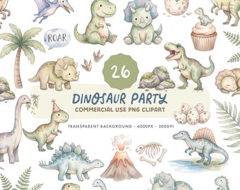 Dinosaur Party Clipart Set - Watercolour Dinosaur Themed Birthday Illustrations - Commercial Use