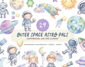 Outer Space Astro Pals Clipart Set - Watercolour Astronaut and Planet Illustrations - Commercial Use