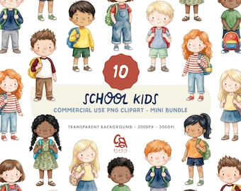 School Kids Clipart Set - Watercolour Back to School Illustrations - Commercial Use
