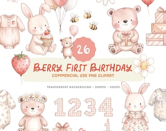 Berry First Birthday Clipart Set - Watercolour Bears, Bunny and Strawberry Illustrations - Commercial Use