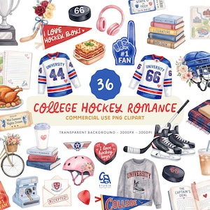 College Hockey Romance Clipart Set - Akvarell Ishockey Illustrationer - Kommersiellt Bruk